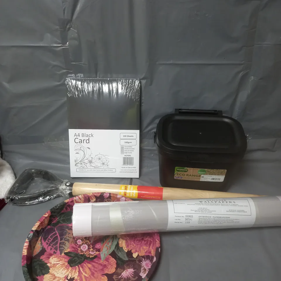 APPROXIMATELY 15 ASSORTED HOUSEHOLD PRODUCTS TO INCLUDE SERVING TRAY, WALLPAPER, STORAGE BIN ETC 