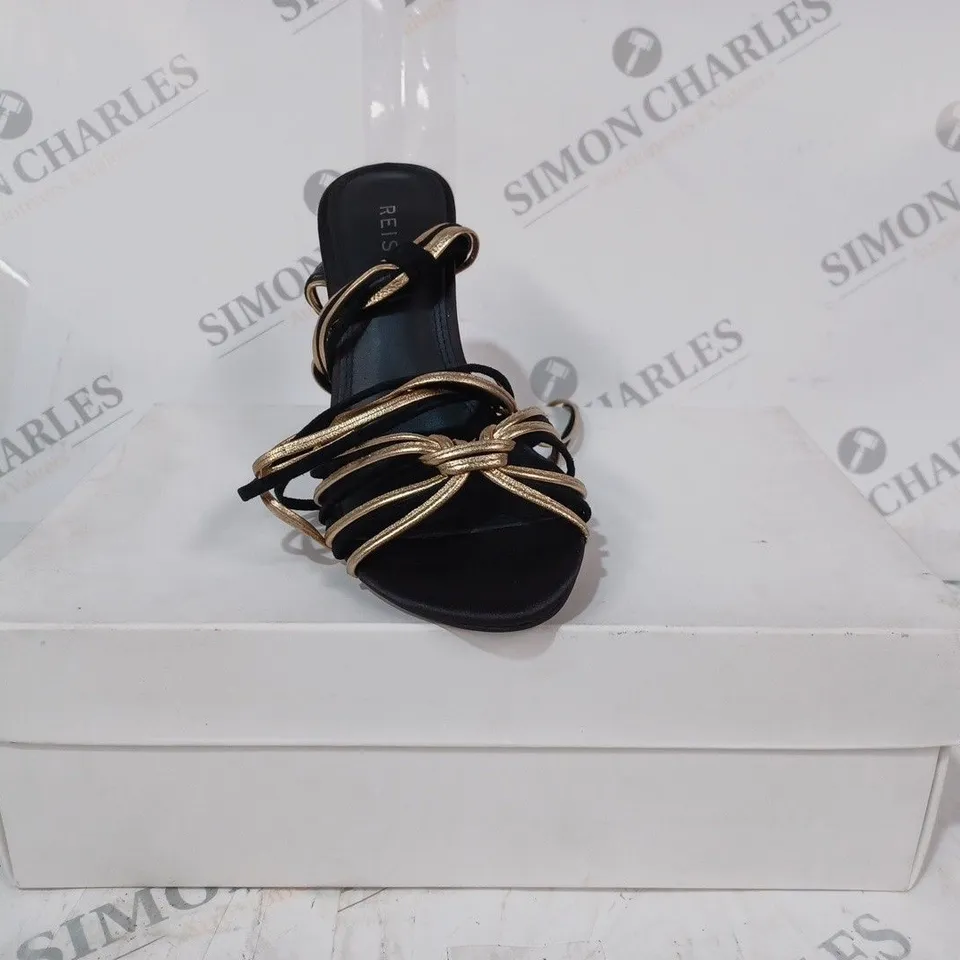 BOXED PAIR OF REISS CASSIDY STRAPPY HEELS IN BLACK/GOLD UK SIZE 4