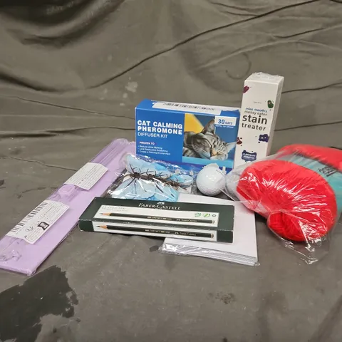 APPROXIMATELY 12 ASSORTED HOUSEHOLD ITEMS TO INCLUDE CAT CALMING PHEROMONE IT, FABER CASTELL PENCIL, STAIN TREATER, ETC