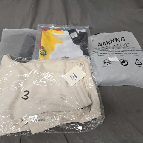 LARGE BOX OF APPROXIMATELY 20 ASSORTED CLOTHING ITEMS IN VARIOUS SIZES, STYLES AND COLOUR
