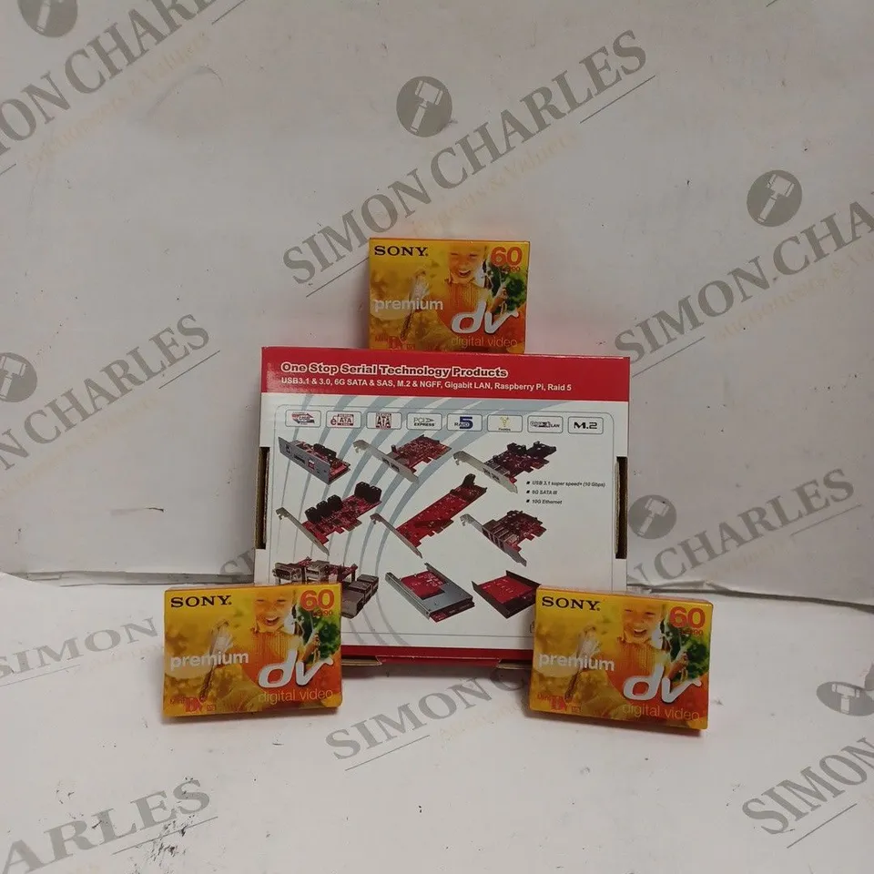 BOX OF 4 ASSORTED COMPUTER PRODUCTS TO INCLUDE ONE STOP SERIAL TECHNOLOGY PRODUCTS, X3 SONY PREMIUM MINI DV TAPE. 