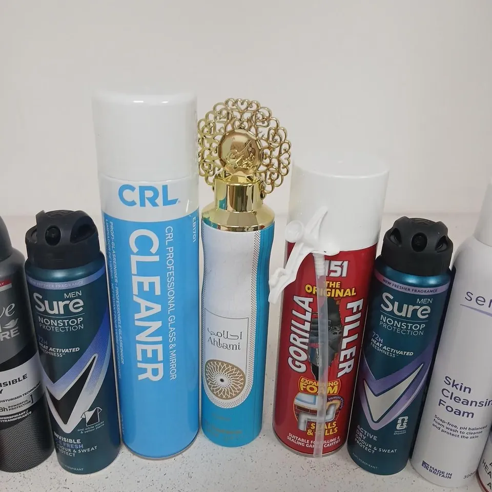 APPROXIMATELY 15 ASSORTED AEROSOL SPRAYS TO INCLUDE; ASSORTED HEALTH & BEAUTY AEROSOLS, SPRAYS AND CLEANSING FOAMS INCLUDING NIVEA, SURE, DOVE MEN+CARE, CRL CLEANSER