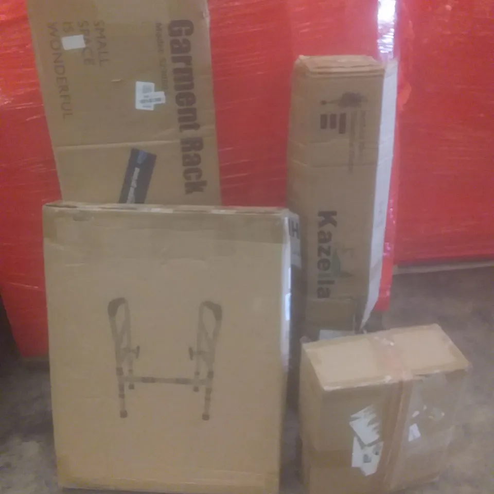 PALLET OF ASSORTED ITEMS INCLUDING GARMENT RACK, ARTIFICIAL PLANT, SHOE STORAGE BOX, BATH TRANSFER BENCH