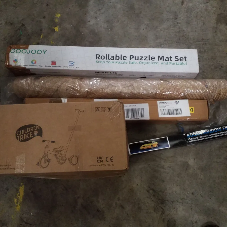 PALLET CONTAINING ASSORTED PRODUCTS INCLUDING ROLLABLE PUZZLE MAT SET, FLOOR MAT, STAIR CARPET RODS, CHILDRENS TRIKE & SOLAR WINDOW FILM