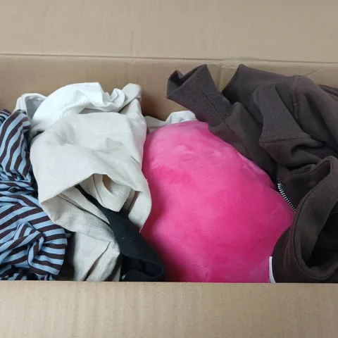 BOX OF APPROXIMATELY 10 ASSORTED CLOTHING ITEMS IN VARIOUS COLORS , STYLES AND SIZES 