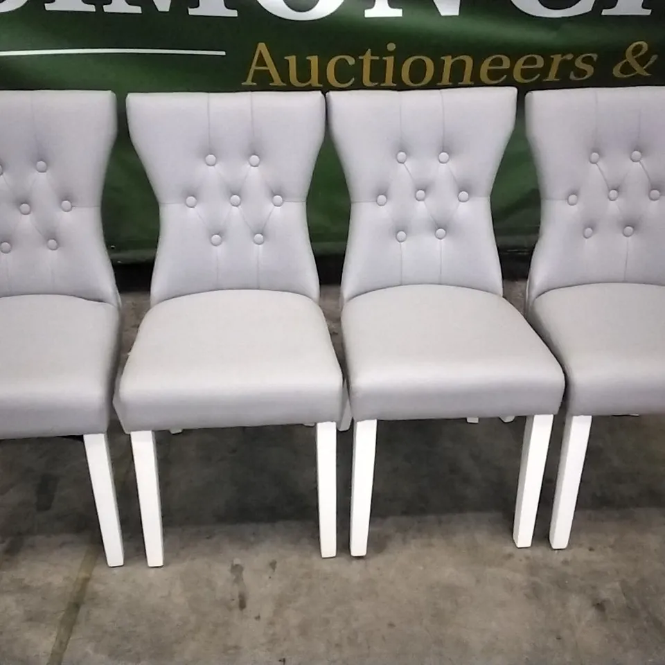 SET OF 4 GREY LEATHER BUTTONBACK DINING CHAIRS WITH WHITE WOODEN LEGS