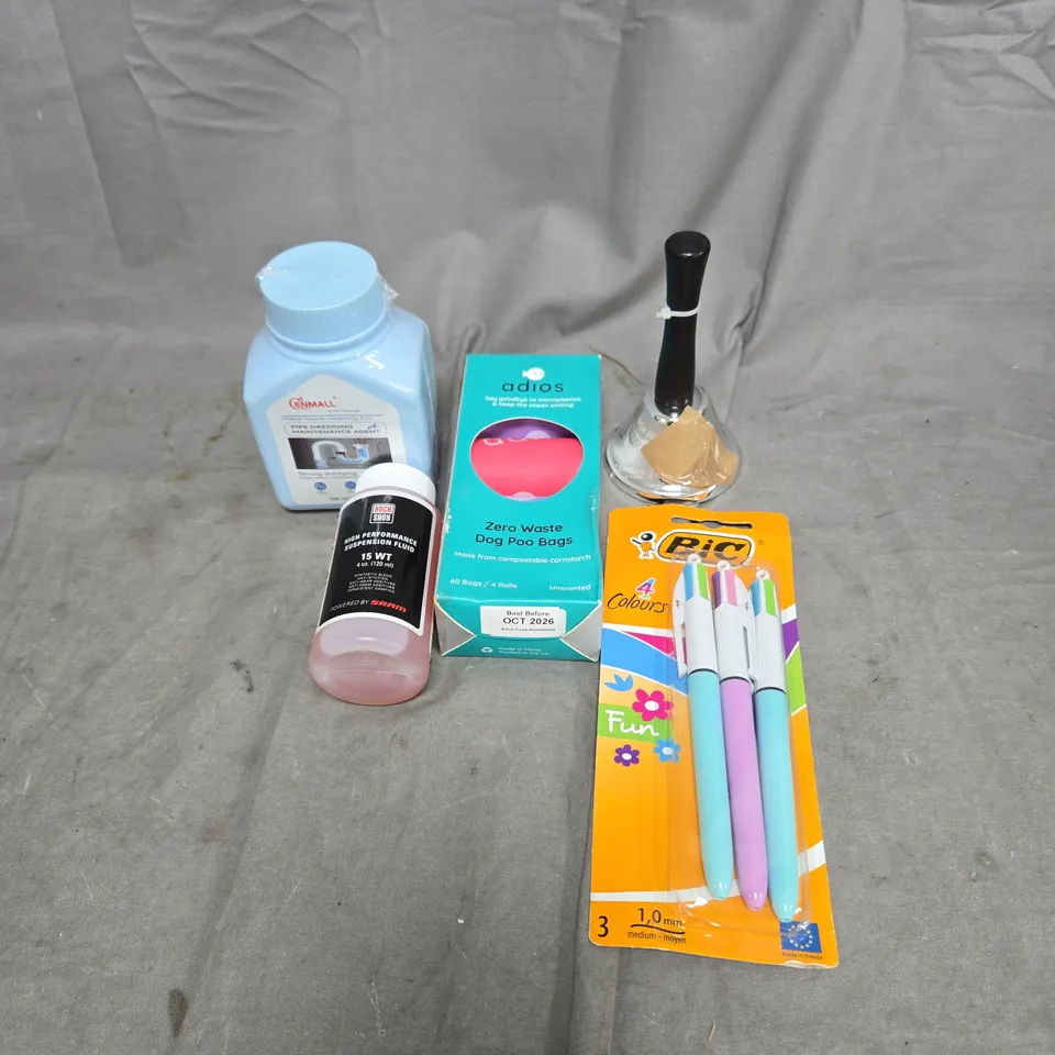 APPROXIMATELY 15 ASSORTED HOUSEHOLD ITEMS TO INCLUDE BIC PENS, DOG POO BAGS, SUSPENSION FLUID, PIPE DREDGING AGENT ETC
