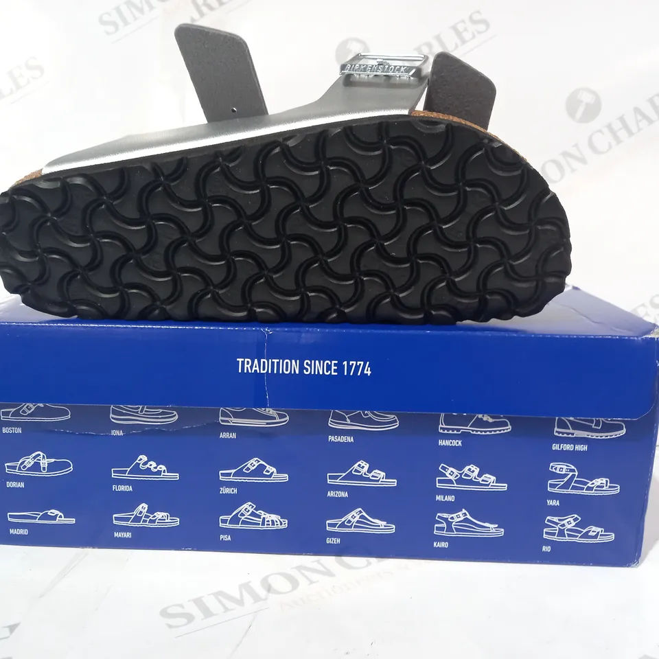 BOXED PAIR OF BIRKENSTOCK OPEN TOE SANDALS IN METALLIC SILVER EU SIZE 37