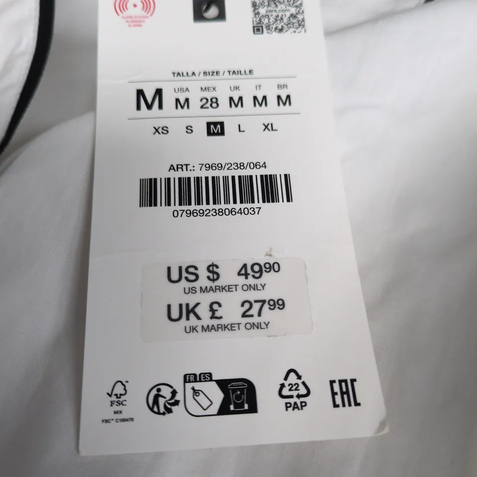 ZARA WHITE BLOUSE WITH NAVY PIPING – UK SIZE M