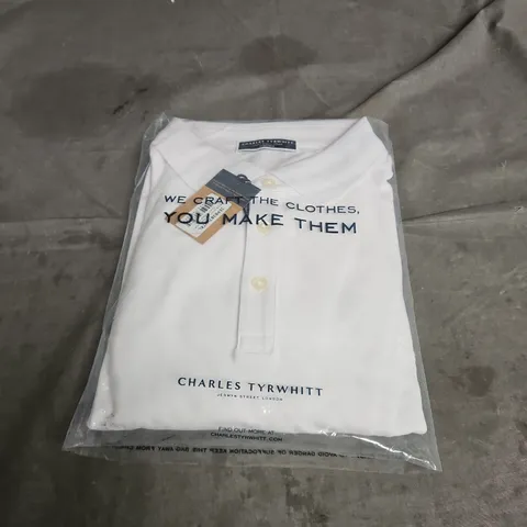 CHARLES TYRWHITT SOLID LONG SLEEVE PLAIN PIQUE POLO IN WHITE SIZE XL