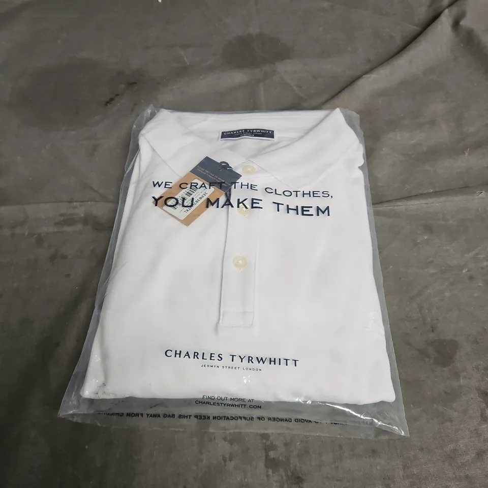 CHARLES TYRWHITT SOLID LONG SLEEVE PLAIN PIQUE POLO IN WHITE SIZE XL