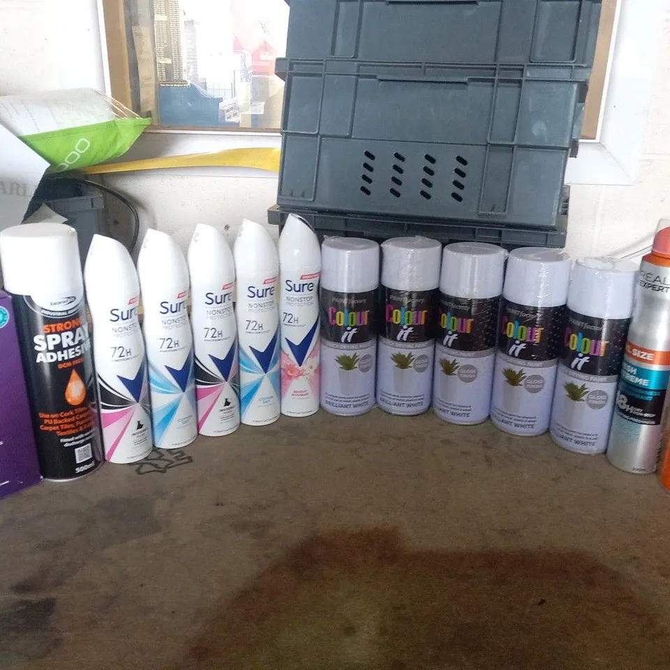 APPROXIMATELY 14 ASSORTED AEROSOL SPRAYS TO INCLUDE; PAINTFACTORY, SURE, BONDIT, REGAINE