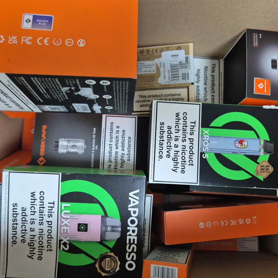 BOX OF APPROXIMATELY 20 ASSORTED VAPING ITEMS AND PRODUCTS TO INCLUDE VAPORESSO, ASPIRE, ETC