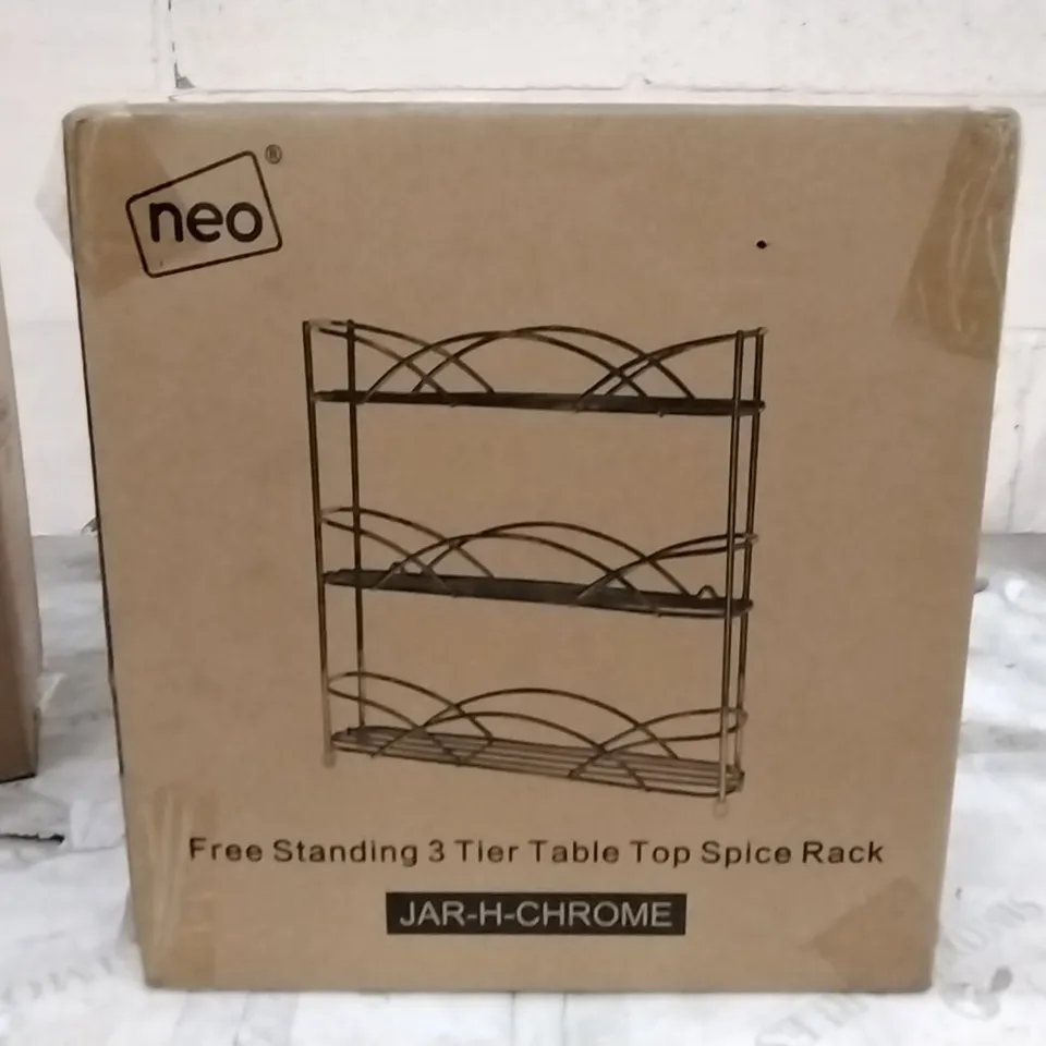 BOXED PAIR OF NEO FREE STANDING 3 TIER TABLE TOP SPICE RACKS - CHROME