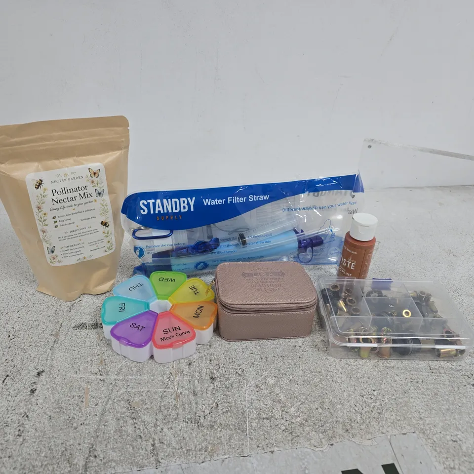 APPROXIMATELY 15 ASSORTED HOUSEHOLD ITEMS TO INCLUDE WATER FILTER STRAW, POLLINATOR NECTAR MIX, ARTISTE ACRYLIC PAINT, ETC