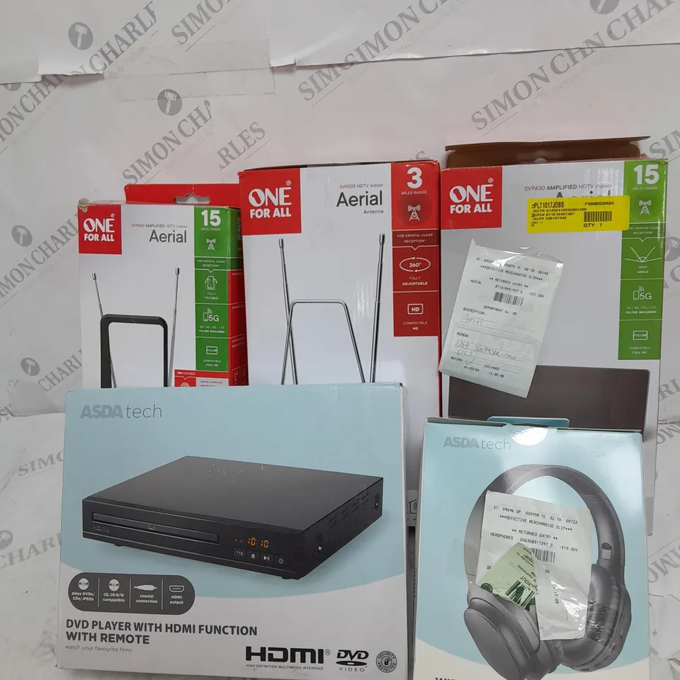  APPROXIMATELY 5 ASSORTED ASDA TECH ITEMS INCLUDING ONE FOR ALL AERIALS, DVD PLAYER WITH HDMI FUNCTION, WIRELESS HEADPHONES