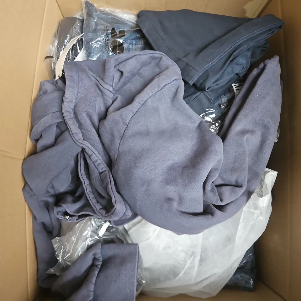 LARGE BOX OF APPROXIMATELY 25 ASSORTED CLOTHING ITEMS IN VARIOUS COLOURS, STYLES AND SIZES - COLLECTION ONLY