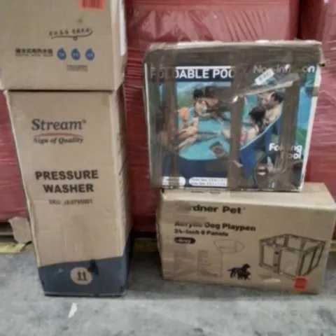 PALLET OF ASSORTED HOUSEHOLD GOODS AND PRODUCTS TO INCLUDE; ELECTRIC WATER HEATER,FOLDABLE POOL,ACRYLIC DOG PLAYPEN