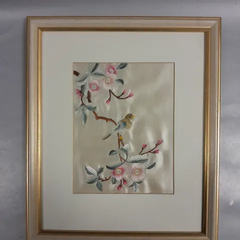 FRAMED EMBROIDERED BIRD & FLOWERS PICTURE
