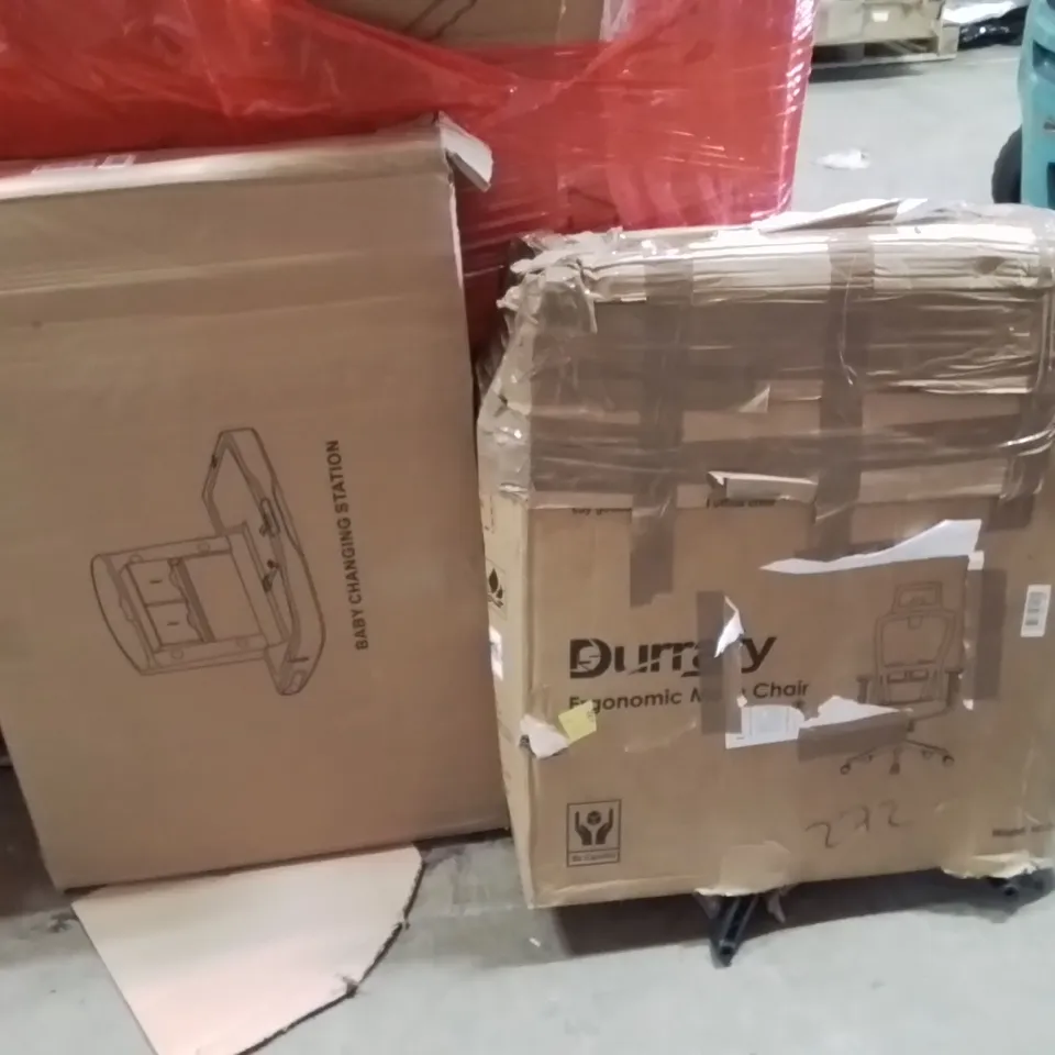 PALLET OF ASSORTED HOUSEHOLD GOODS AND PRODUCTS TO INCLUDE;OFFICE CHAIR,BABY CHANGER STATION 