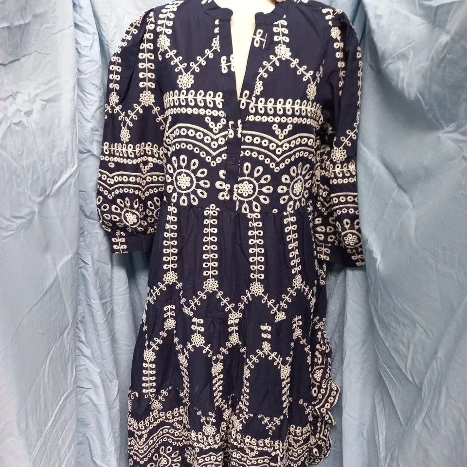 APRICOT FLORAL EMBELLISHED DRESS IN NAVY - UK 14