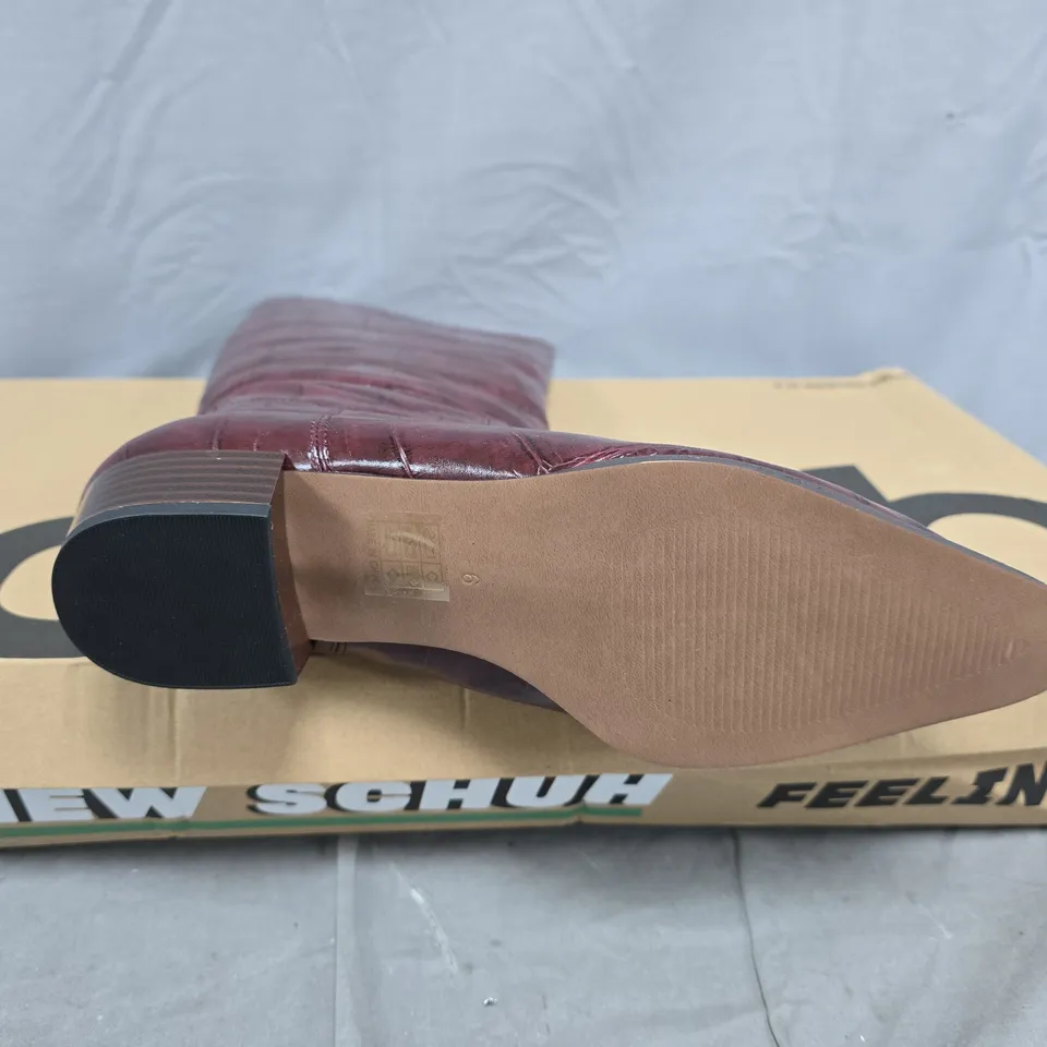 SCHUH BURGUNDY CROC-EFFECT KNEE-HIGH BOOTS, UK 6