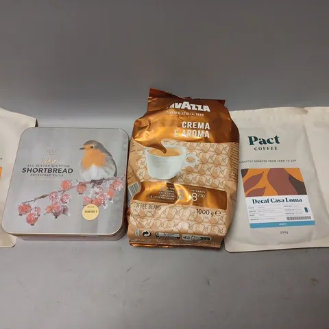 BOX OF APPROX 10 ASSORTED FOOD ITEMS TO INCLUDE - PACT COFFEE CAFEINA PINHAL - LAVAZZA CREMA E AROMA - M&S SHORTBREAD ECT