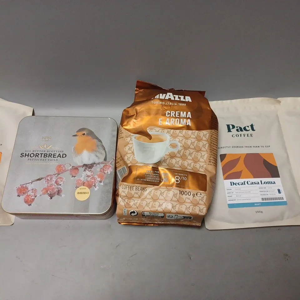 BOX OF APPROX 10 ASSORTED FOOD ITEMS TO INCLUDE - PACT COFFEE CAFEINA PINHAL - LAVAZZA CREMA E AROMA - M&S SHORTBREAD ECT