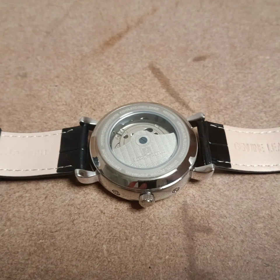 SAMUEL JOSEPH AUTOMATIC SKELETON DIAL WRISTWATCH – BLACK LEATHER STRAP, BOXED