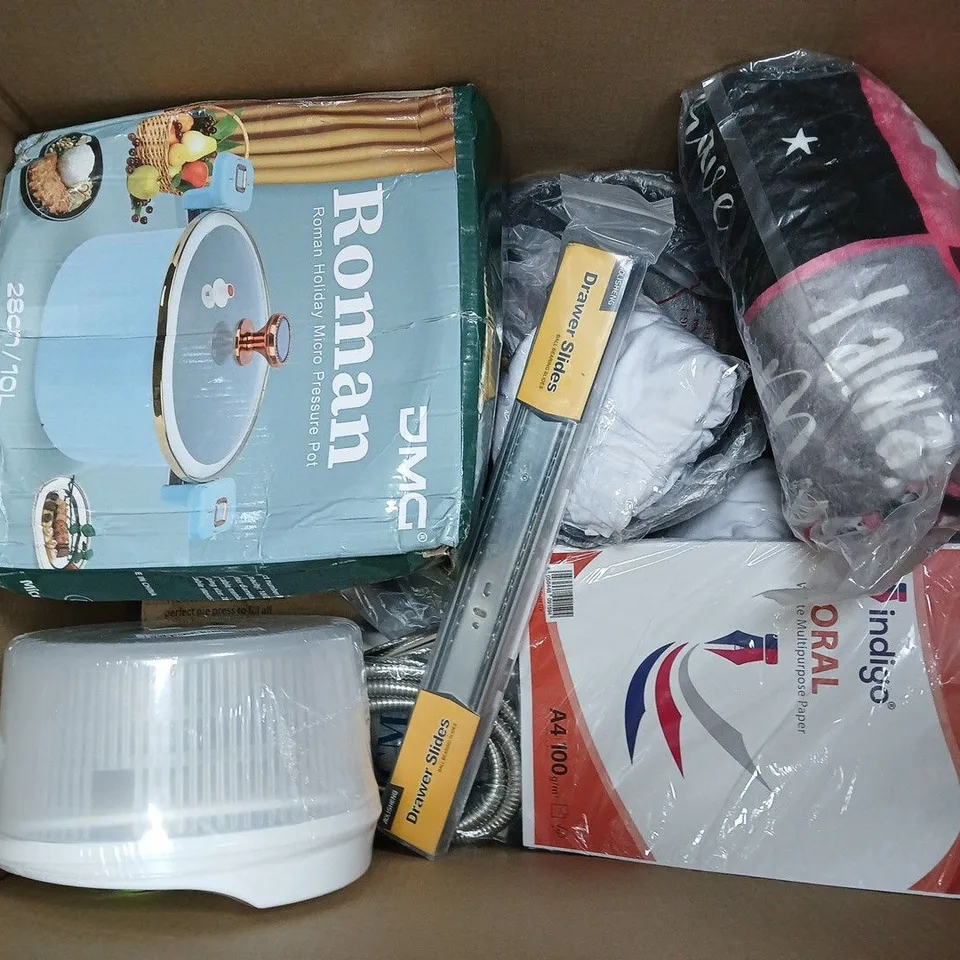 BOX OF APPROXIMATELY 12 ASSORTED ITEMS TO INCLUDE - CAKE PRESS, PAMPERS AQUA WIPES, AND CHRISTMAS TABLECLOTH ETC. 