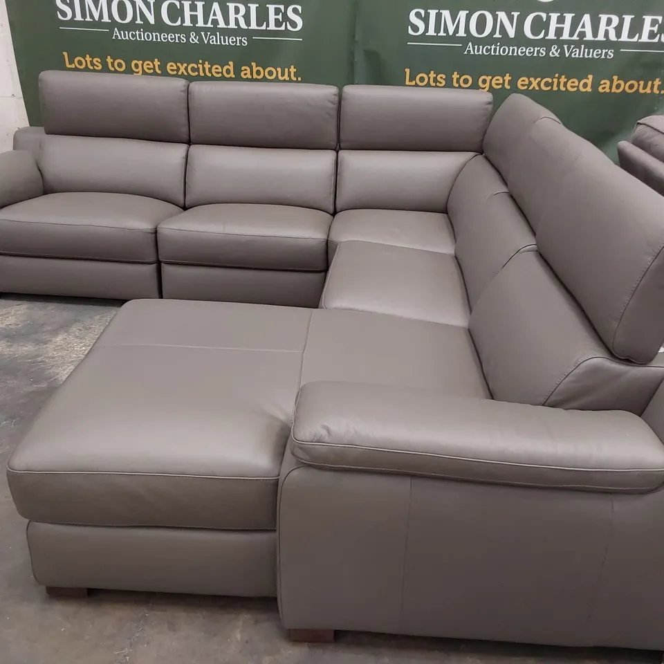 QUALITY ITALIAN DESIGNER RICCARDO CORNER GROUP WITH CHAISE & ADJUSTABLE HEADRESTS MUD GREY LEATHER 