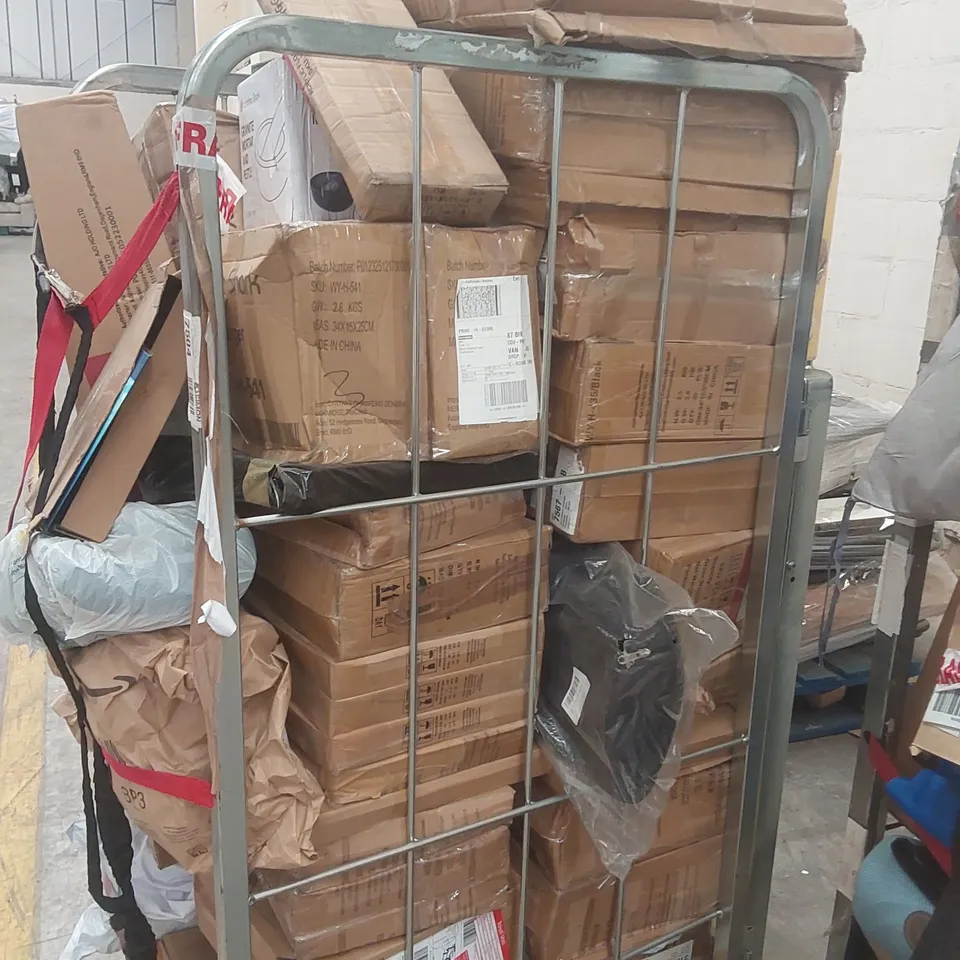 CAGE CONTAINING A LARGE QUANTITY OF ASSORTED ITEMS INCLUDING: GRANITE PESTLE & MORTAR, CLOTHES HANGERS, ACRYLIC FLOATING RACK ECT // CAGE NOT INCLUDED