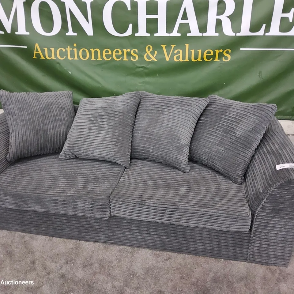 DESIGNER THREE SEATER SOFA WITH SCATTER CUSHIONS GREY JUMBO CHORD