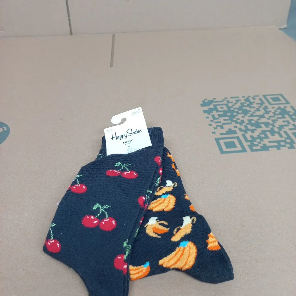 HAPPY SOCKS CREW SOCKS – ORGANIC COTTON, NAVY WITH CHERRY & PUMPKIN PATTERN, UK 6-11 (US M 8-12) – 2 PAIRS