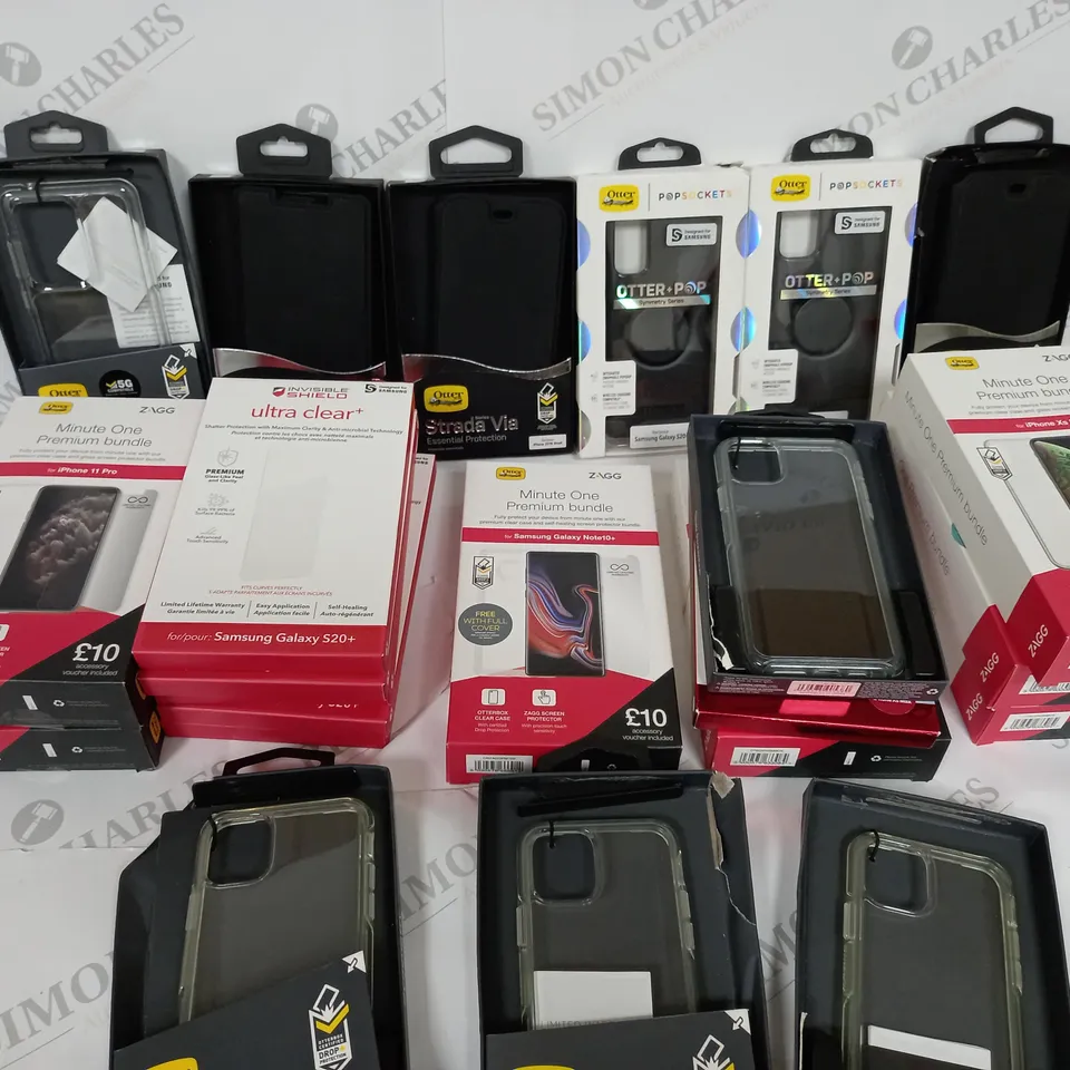 APROXIMATELY 22 PHONE CASES AND SCREEN PROTECTORS FOR DIFFERENT BRANDS AND MODELS OF PHONES INCLUDING BRANDS SUCH AS OTTER AND IVISIBLE SHIELD