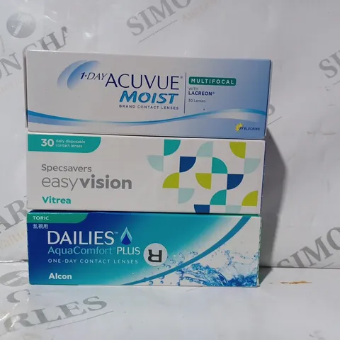 APPROXIMATELY 20 ASSORTED HOUSEHOLD ITEMS EASYVISION DISPOSABLE CONTACT LENSES, DAILIES AUE COMFORT CONTACT LENSES, ETC