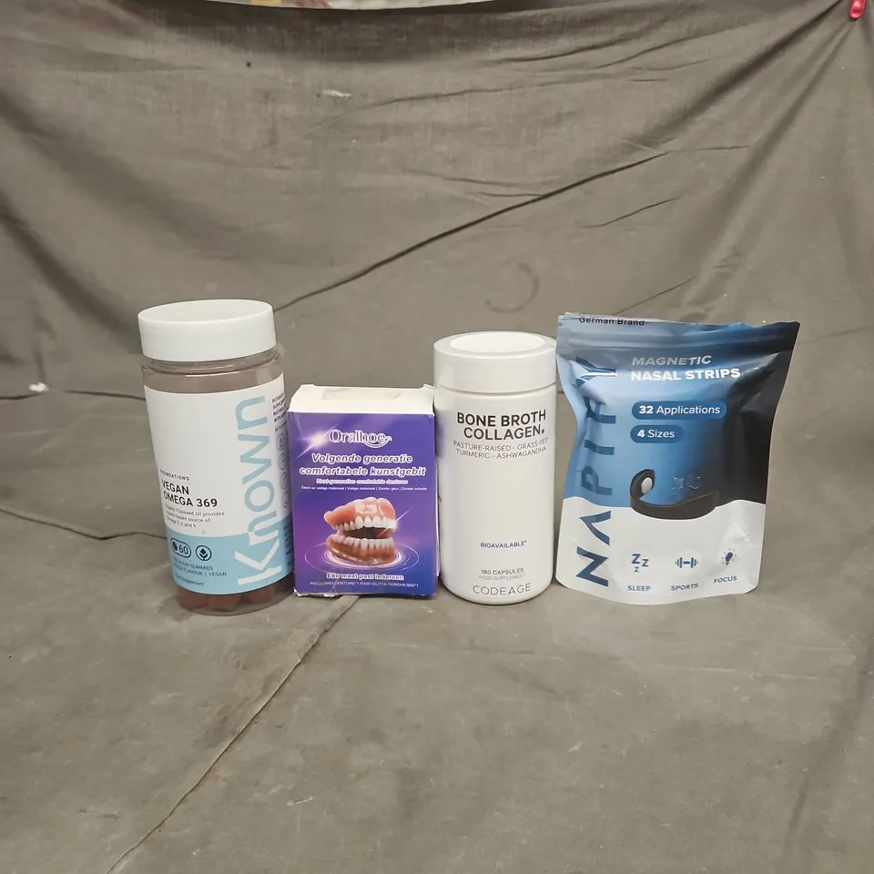 TOTE OF APPROXIMATELY 20 ASSORTED HEALTHCARE PRODUCTS TO INCLUDE BONE BROTH COLLAGEN CAPSULES - MAGNETIC NASAL STRIPS AND KNOWN VEGAN OMEGA 369 GUMMIES