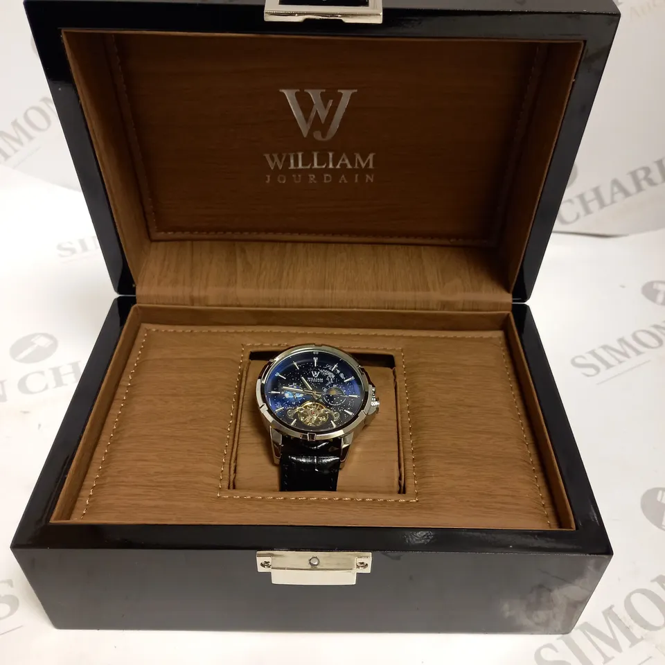 MENS WILLIAM JOURDAIN AUTOMATIC 2580 WATCH – OPEN HEART MOVEMENT WITH SUB DIALS – GLASS EXHIBITION BACK CASE – BLACK GENUINE LEATHER STRAP