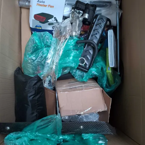 box of assorted car items to include tools - steering wheel warmer - auto heater 