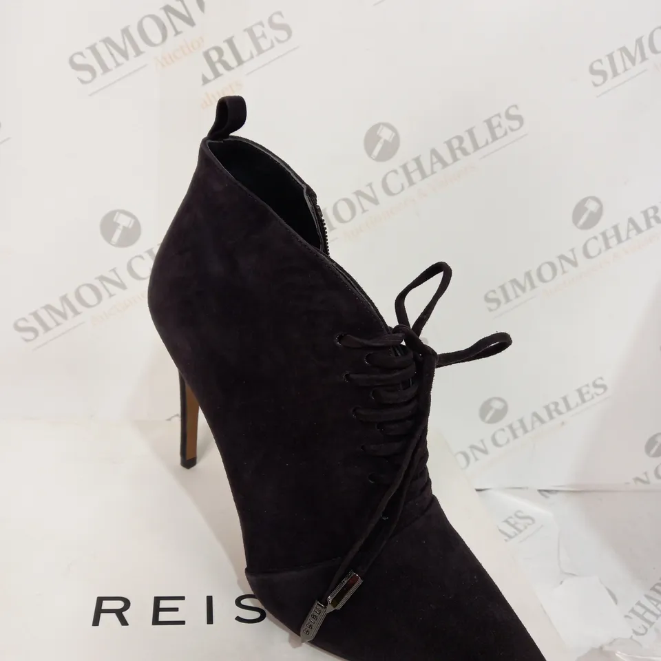 BOXED REISS SUEDE CHOCOLATE BOOT HEELS - SIZE 6