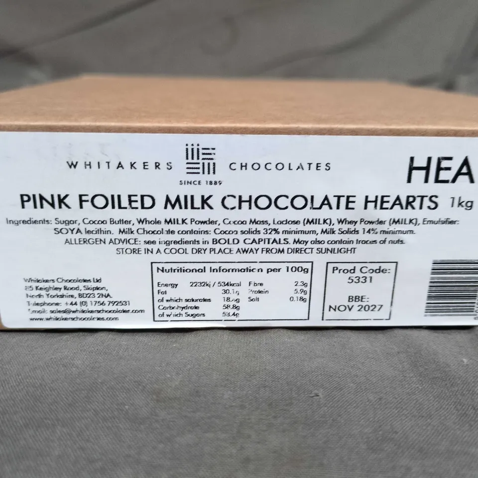 WHITAKERS PINK FOILED MILK CHOCOLATE HEARTS – 1KG NET (APPROX. 166 PIECES)