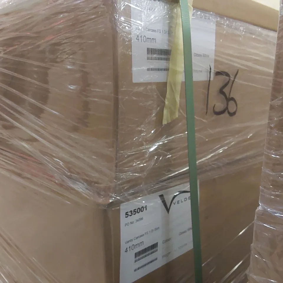 PALLET CONTAINING A LARGE QUANTITY OF ASSORTED BATHROOM FURNITURE PARTS INCLUDING: VELDEAU VANITY CARCASSES ECT