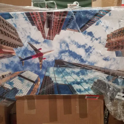 BOXED " AIRPLANE FLYING OVER SKYSCRAPERS " - FRAMED PRINT