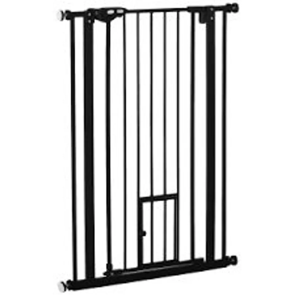 BOXED PAWHUT EXTRA TALL PET GATE, INDOOR DOG SAFETY GATE, WITH CAT FLAP, AUTO CLOSE, 74-80CM WIDE - BLACK