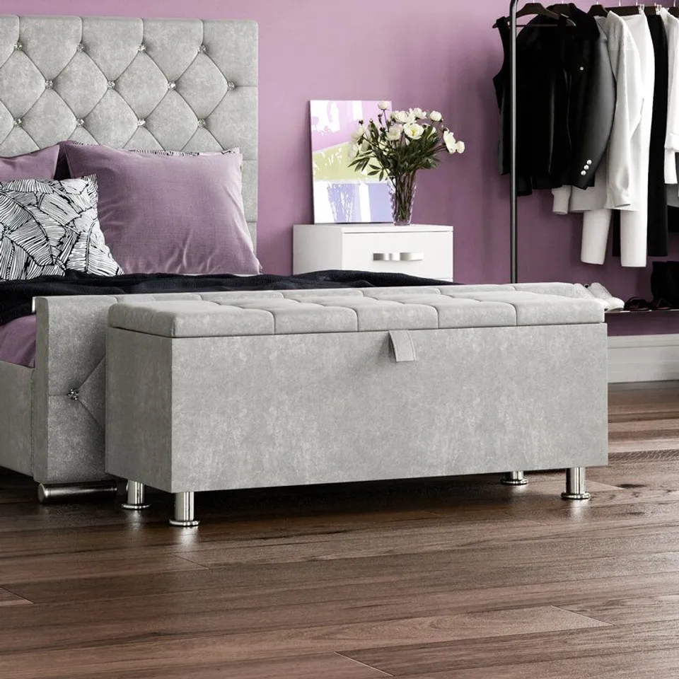 BOXED AMRIN UPHOLSTERED SILVER STORAGE BENCH