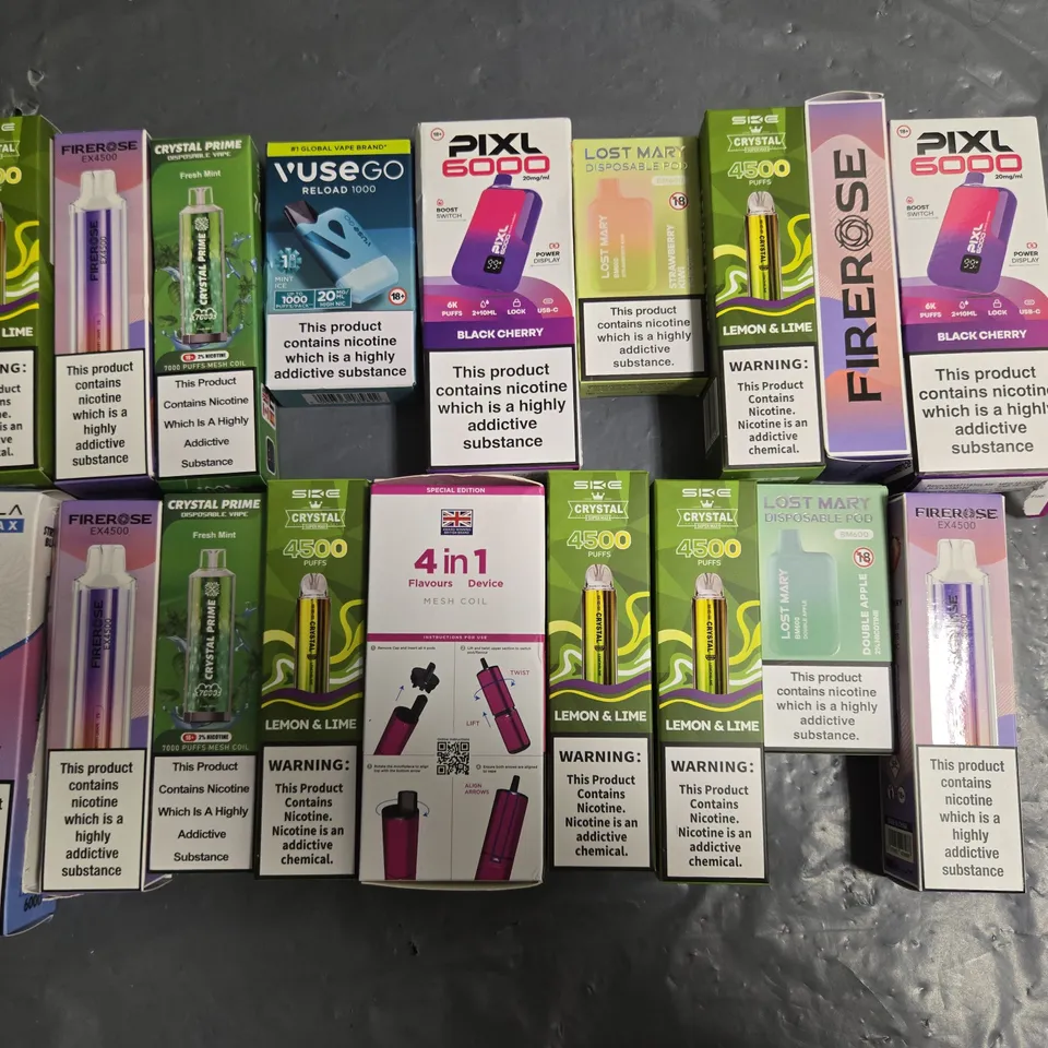 APPROXIMATELY 35 ASSORTED E-CIGARETTE PRODUCTS TO INCLUDE - VUSE GO, LOST MARY AND TIC TOCK