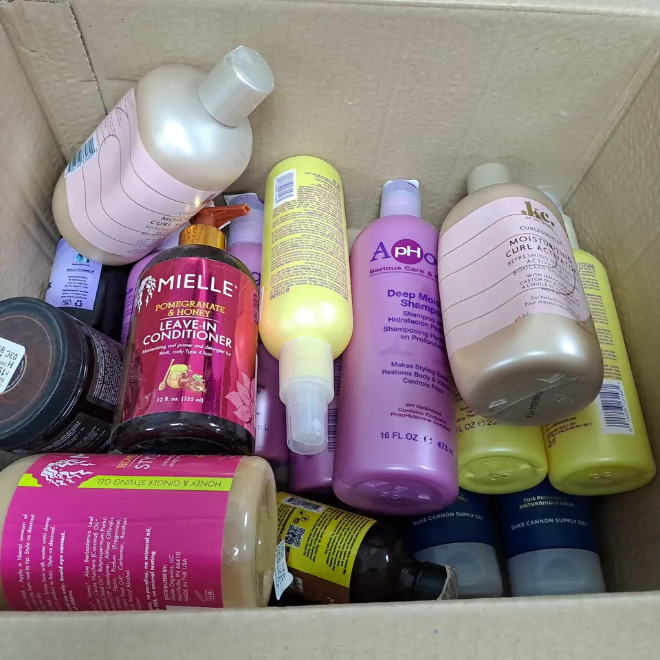 BOX OF APPROXIMATELY 15 ASSORTED HAIR CARE PRODUCTS TO INCLUDE MIELLE STYLING GEL, KERA-CARE CURL ACTIVATOR AND APHOGEE SHAMPOO