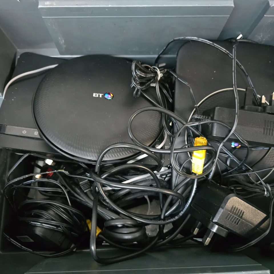 APPROXIMATELY 15 ASSORTED HOUSEHOLD ITEMS TO INCLUDE routers, cables, remotes, etc