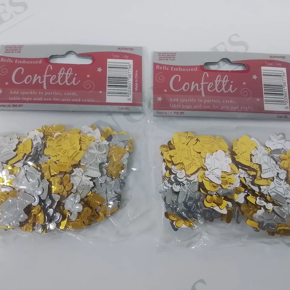 LOT OF 144 BRAND NEW 14G PACKS OF EMBOSSED  BELL  CONFETTI IN GOLD/SILVER