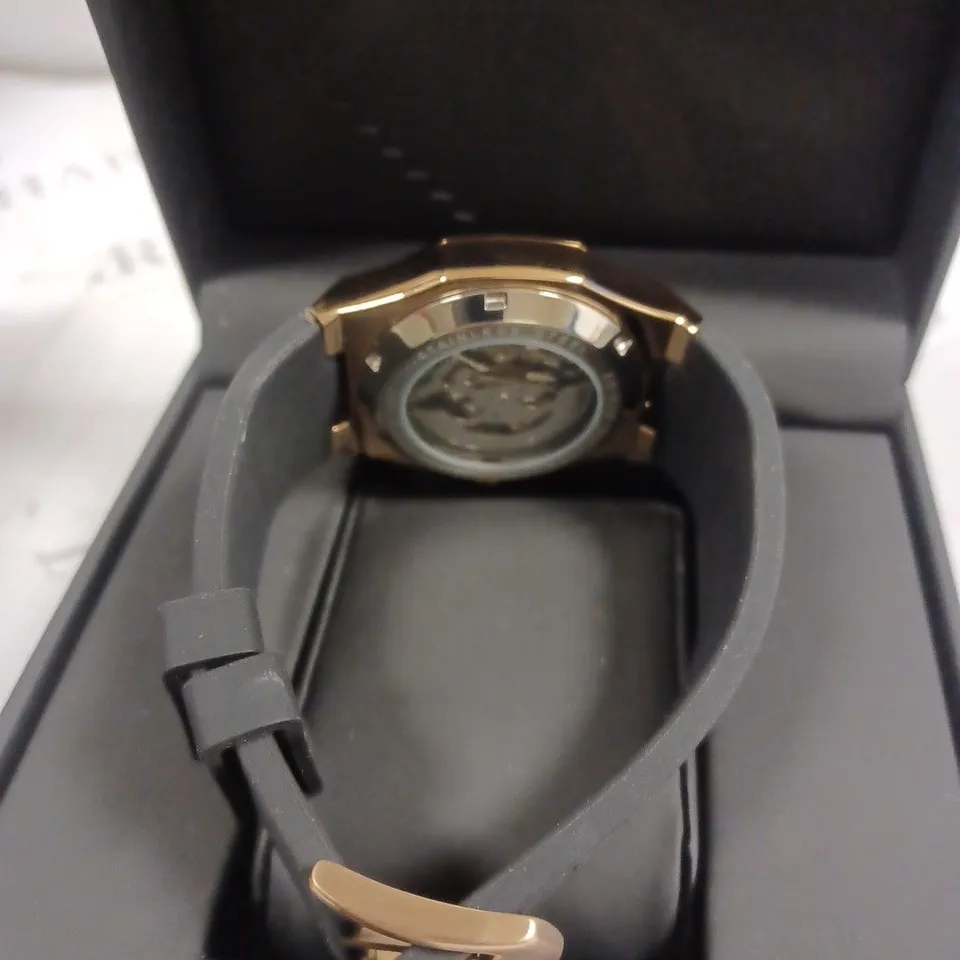 EDISON BRUSHED COPPER FINISH SKELETON BLACK RUBBER STRAP WRISTWATCH